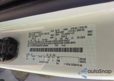 2022 Ford F-150 Lariat from USA, damaged, VIN 1FTFW1E85NFC25046